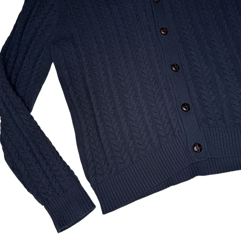 Vintage Cable Knit Fisherman Cardigan XL Jachs NY Linen Navy Blue Long V‎ Neck